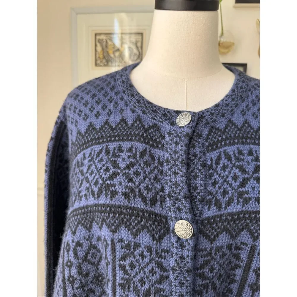 Vintage 90s Skyr Blue Black Wool Nordic Scandinavian Cardigan Sweater 2X